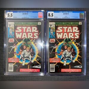STAR WARS #1 NEWSSTAND CGC 5.5 WP & REPRINT 8.5 1st LUKE SKYWALKER, LEIA, VADER